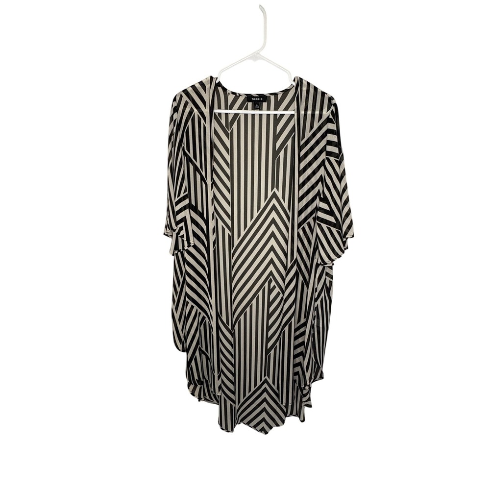 Torrid Womens 0 Black White Geo Stripe Kimono‎ Top Sheer Open Front Blouse